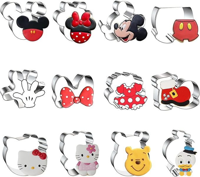 Mouse Kitty Winnie the Pooh Cookie Cutter Set Stainless Steel Sandwich Biscuit Fondant Cutters for Kids DIY Lunchbox Bento Box Fruit Cutters Cake Decoration, Pack of 12 (Cartoon Cookie Cutters Set)