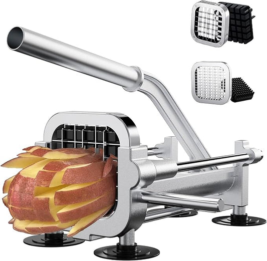 French Fry Cutter, Heavy Duty Potato Slicer, Stainless Steel Potato Chopper Set with 1/2 and 1/4 Inch Blades for Sweet Potato, Carrot, Yam, Cucumbers