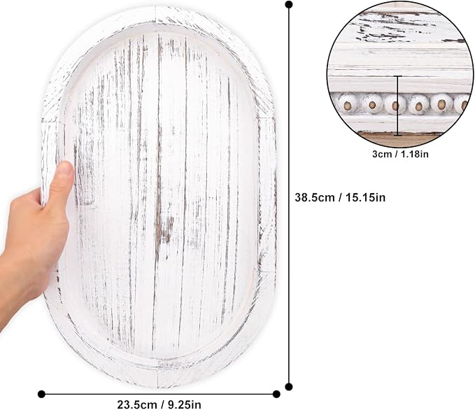 15.15 Inch Decorative Wood Serving Oval Tray - Artistic White Washed Bead Oval Trays, Rustic Wooden Oval Trays for Coffee Table, Living Room, and Dining Room Decor, Organizer
