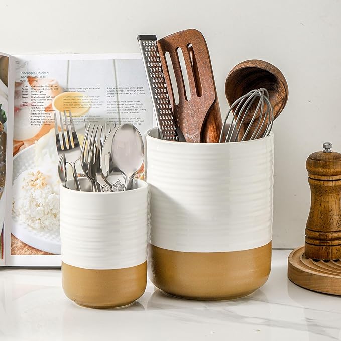 HASENSE Ceramic Utensil Holder for Counter, 7.4"+5.5" Large Kitchen Utensil Organizer for Kitchen Utensil, White Cooking Utensil Crock to Hold Spatulas, Farmhouse Decor, Set of 2
