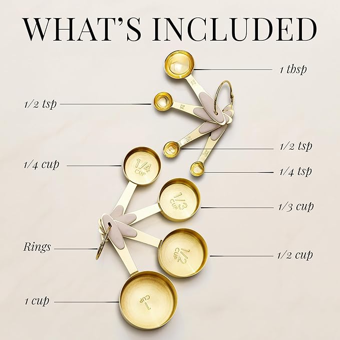 Gold Measuring Cups and Spoons Set – 8-Piece Brass Measuring Set with Beige Silicone Handles for Comfortable Grip – Stainless Steel, Stackable, Gold Kitchen Accessories for Baking & Cooking