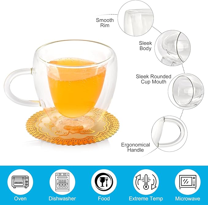 Double Wall Heart Shaped Coffee Mugs Set of 2, Espresso Glass Cups with Handle, for Coffee, Latte, Tea, Wine cup, Party, Gifts, 8oz/240Ml (with Exquisite Coasters)