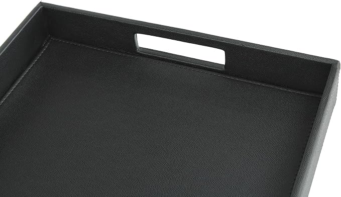 HofferRuffer Rectangle Serving Tray with Hole Handles for Coffee Table, Breakfast, Tea, Food, Butler - Countertop, Kitchen, Vanity Serve Tray, 16.2 x 12.2 x 2 inches, Faux Leather Tray (Black)