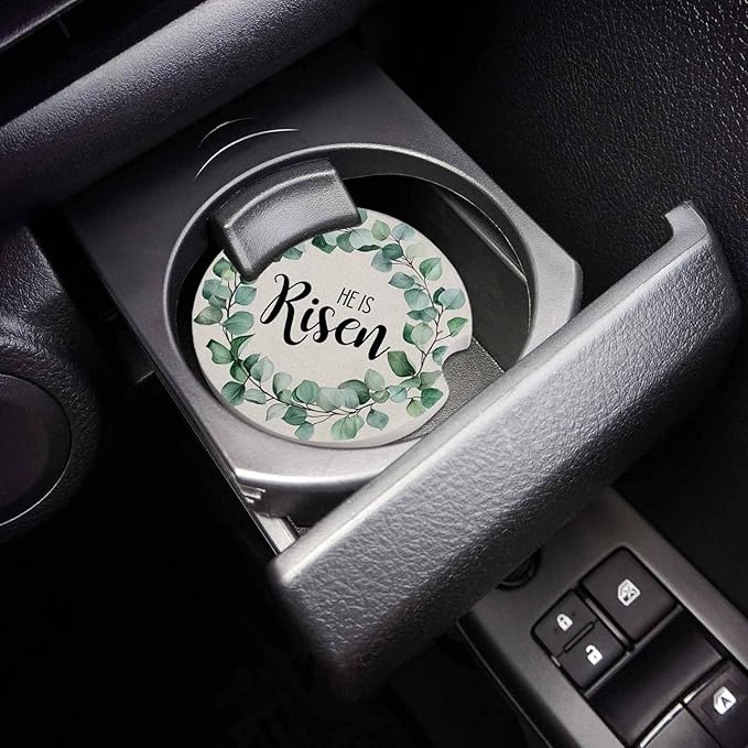 Car Coasters for Cup Holders 2.6"Dia Absorbent Coasters Set of 4 Car Interior Accessories for Women Men Spring Summer Eucalyptus Leaves Linen Bottom Ceramic Car Coaster for Drinks with Finger Grooves