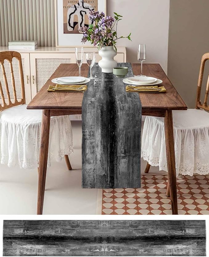 Vintage Black Table Runner - 90 Inch Long, Oil Modern Paintings Abstract Kitchen Dining Table Runner Dresser Scarves, Geometric Artwork Grey Black Tablerunner for Coffee Table Wedding Party, 13x90 in