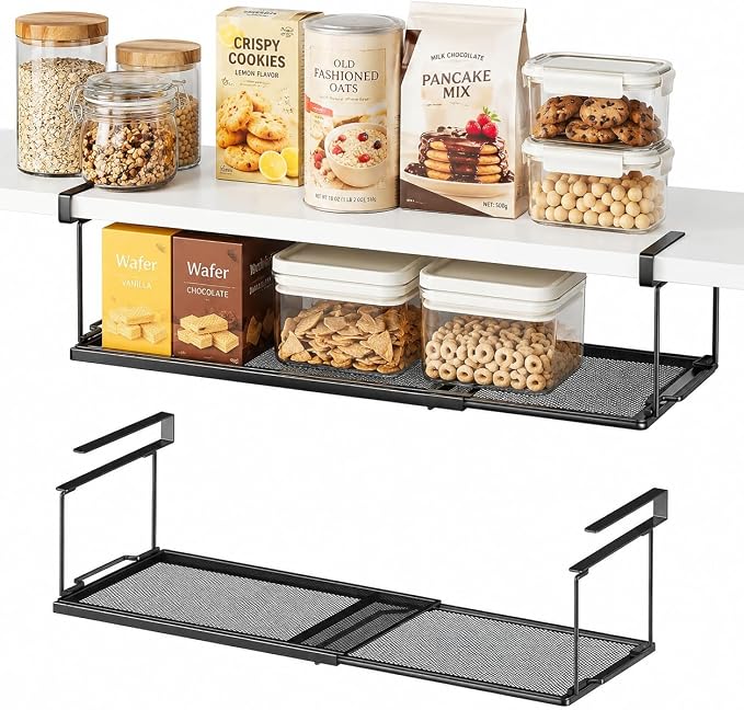 Under Shelf Basket Storage, Expandable Black Metal Cabinet Organizer | Expands 15.2–27.8in Metal Mesh Basket No Drill Installation Under Cabinet Organizer for Kitchen Pantry, Cabinet, Laundry Room