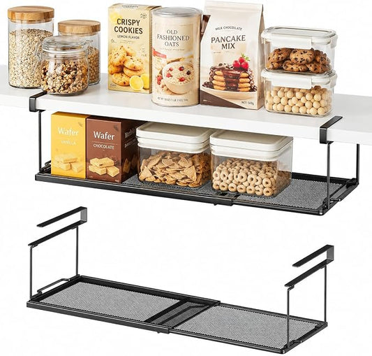 Under Shelf Basket Storage, Expandable Black Metal Cabinet Organizer | Expands 15.2–27.8in Metal Mesh Basket No Drill Installation Under Cabinet Organizer for Kitchen Pantry, Cabinet, Laundry Room