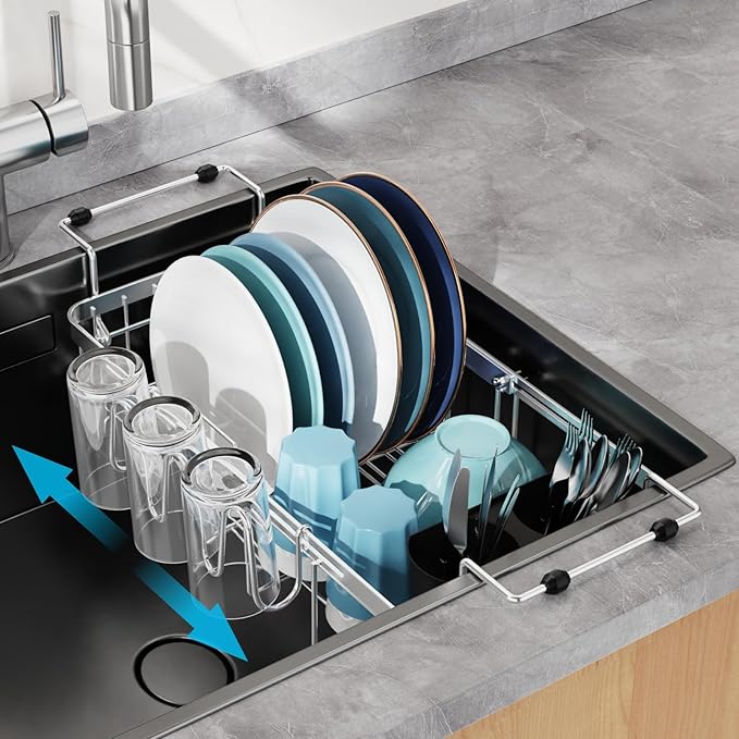 GSlife Small Sink Dish Drying Rack with Cup Holder - Expandable Stainless Steel Compact Dish Drainer for RV, Camper, Kitchen, Dish Strainer with Locking Knob, Fit Sink 11.9"-16.7" L, Silver