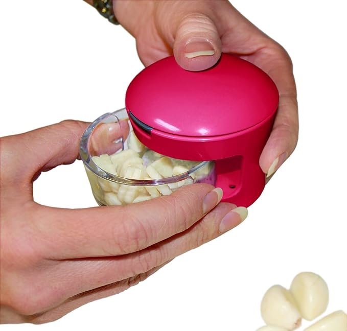 Garlic Perfection Press, Crusher, Mincer, and Storage Container - Easy to Clean - Stainless Steel Blades - Red