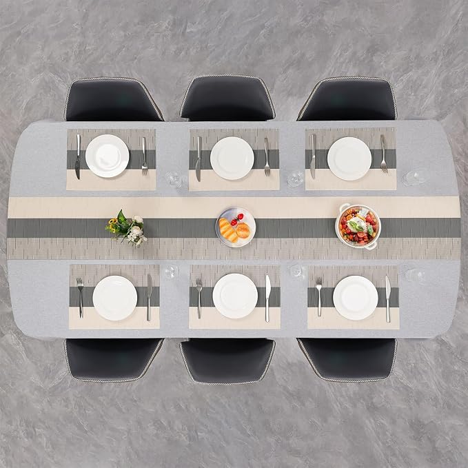 Placemats Set of 4, Vinyl Woven Place Mats Indoor Set of 4 Washable Wipeable PVC Table Mats Heat-Resistant Non Slip Placemat for Kitchen Dining Outdoor Table (Beige Dark Gray, Set of 4)
