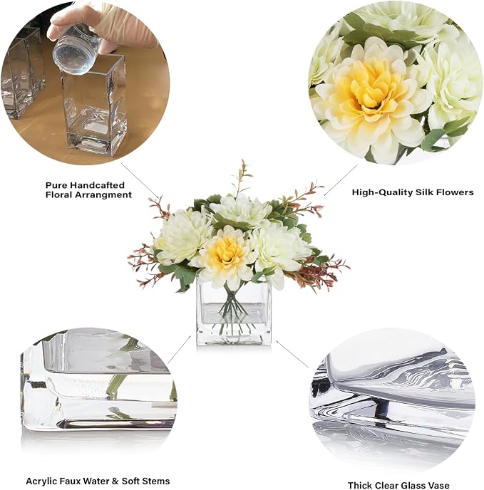 ENOVA FLORAL Mixed Artificial Daisy Floral Arrangements with Vase, Table Centerpieces for Dining Room, Silk Daisy in Glass Vase with Faux Water for Home Decor (Yellow White)