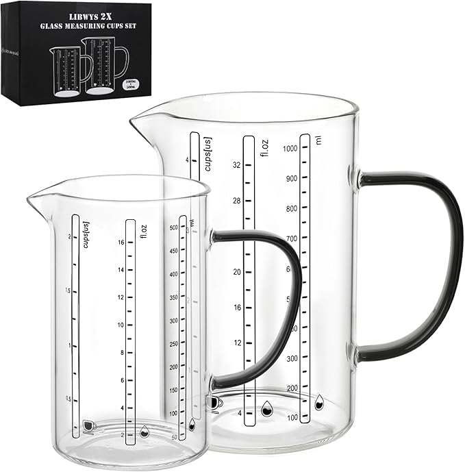 LIBWYS Glass Measuring Cup, 1000ml (32oz)+500ml (16oz) with Anti-slip Silicone Pad, Heat-resistant Borosilicate Glass Liquid Measuring Cup
