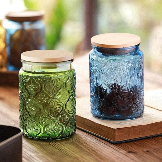 ANSQU 4-Pack Vintage Glass Jars with Airtight Lids, 23.7oz Glass Food Storage Containers for Kitchen Pantry Coffee, Tea, Candy, Cookie, Decorative Mason Jar (Blue&Green)