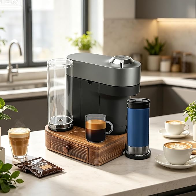 Riser Stand for Nespresso Vertuo Pop+, with Coffee Pod Drawers Organizer - Elevated Base Fits Tall Mugs (Up to 7.48" H), Coffee Station for YETI Rambler & Stanley 20oz Cups - For Pop+ ONLY (Not Pop) Brown