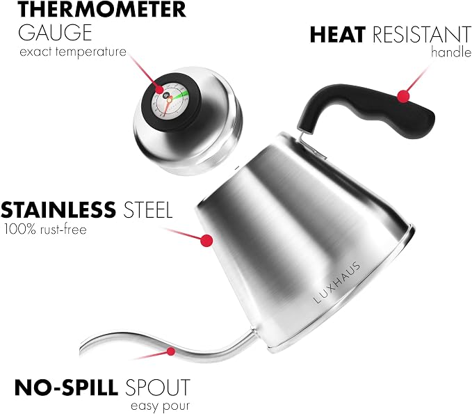 LuxHaus Pour Over Kettle - Gooseneck Kettle With Thermometer - Coffee and Tea Maker for Stovetop - 40oz