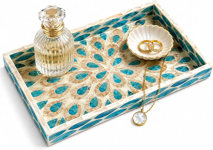 Mother of Pearl Inlay Wooden Tray – Handmade Decorative Rectangle Serving Tray for Coffee Table, Kitchen, Bathroom, Vanity or Living Room Decor, Peacock
