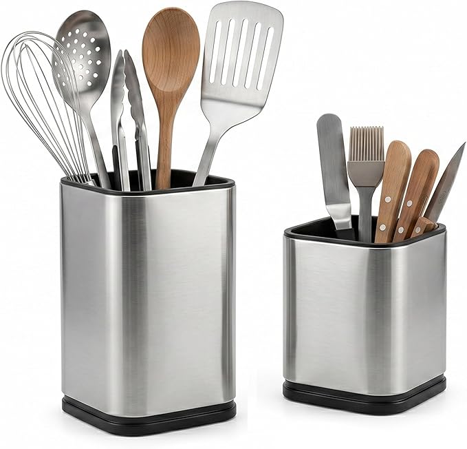 Stainless Steel Utensil Holder Set of 2, Modern Kitchen Tool Caddy Organizer for Countertop, Rust-Proof Cutlery Drying Rack with Drainage Holes, Round Spatula & Whisk Holder