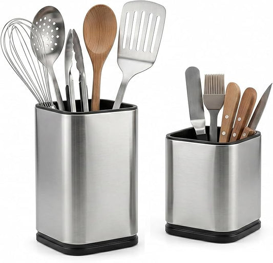 Stainless Steel Utensil Holder Set of 2, Modern Kitchen Tool Caddy Organizer for Countertop, Rust-Proof Cutlery Drying Rack with Drainage Holes, Round Spatula & Whisk Holder