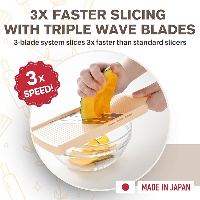 Arnest Japanese Cabbage Slicer Mandoline, 3-Blade Triple Wave Ultra-Thin Shredder for Tonkatsu-Style Slaw, Stainless Steel Wave Blades, Safety Holder, Easy-Rinse Clean, Compact Beige, Made in Japan