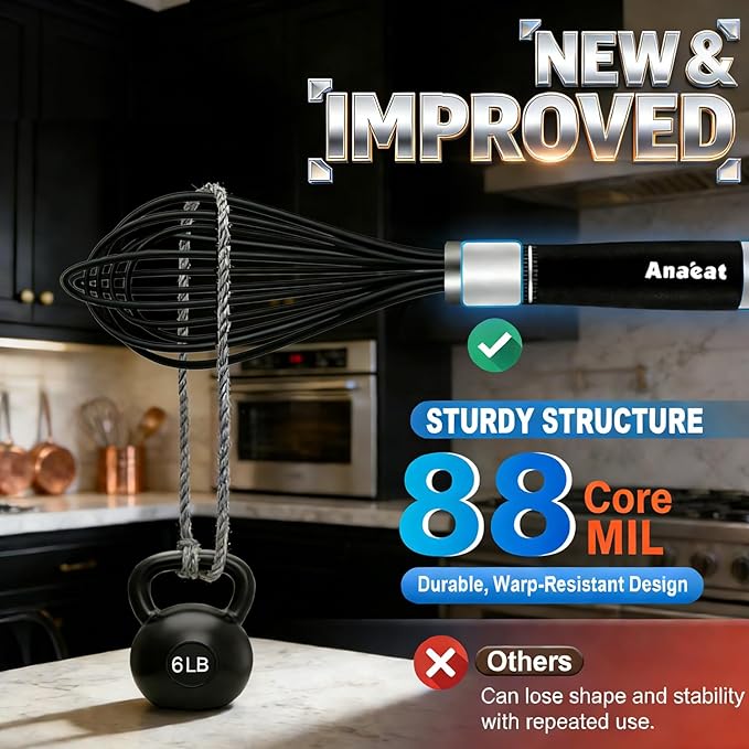 Anaeat 9" Silicone Balloon Whisk, Perfect for Non-Stick Cookware, Milk and Egg Beater Blender, Heat Resistant Kitchen Whisks for Whisking, Cooking, Baking, Beating, Frothing & Stirring (Black)