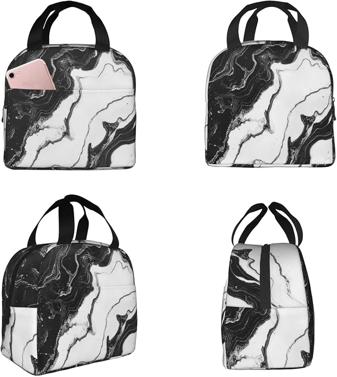 Insulated Lunch Bag Marble Black White Liquid Abstract, Leakproof Lunch Tote for Work School, Reusable Lunch Box Cooler for Adults Students, Compact Lunch Bag for Office College Picnic