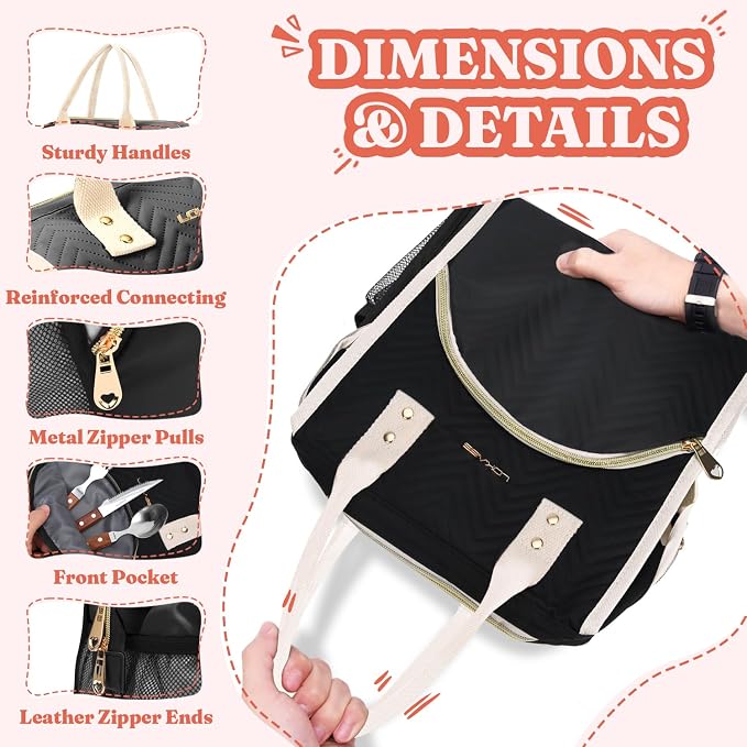 LOKASS Lunch Bag for Women, Insulated Lunch Box, 12L Large Capacity Wide Open Lunch Tote, PU Leather Leakproof Thermal Lunch Bag for Office Work Daily Use