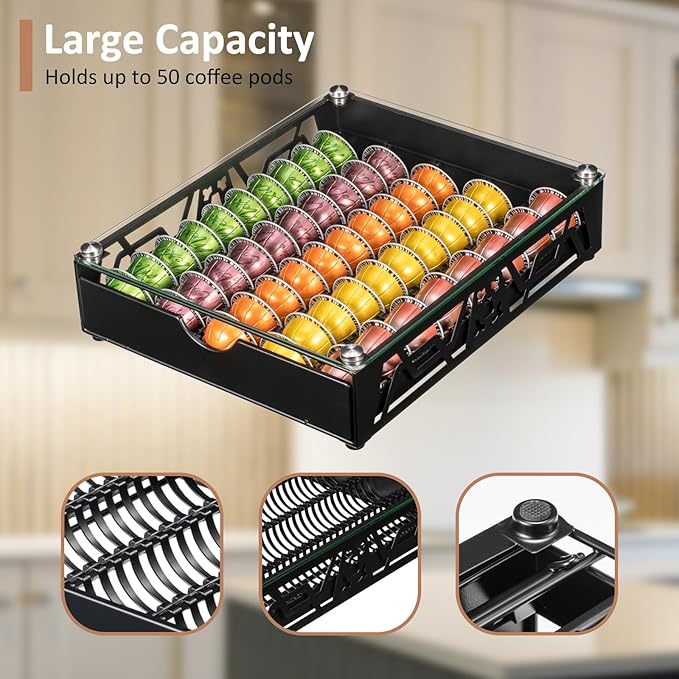 Nespresso Pod Holder Pod Drawer With Glass For Cabinet Vertuoline Pod Storage Rack For Counter，Black(50 Pods)
