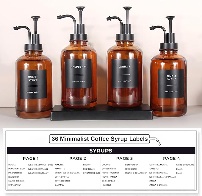 Coffee Syrup Dispenser, Set of 4 Amber Glass Syrup Bottle w. Pump and Labels, 16.9 oz 500ml Glass Syrup Bottle with Pump, Farmhouse Syrup Dispenser for Coffee Bar, Ideal Gift