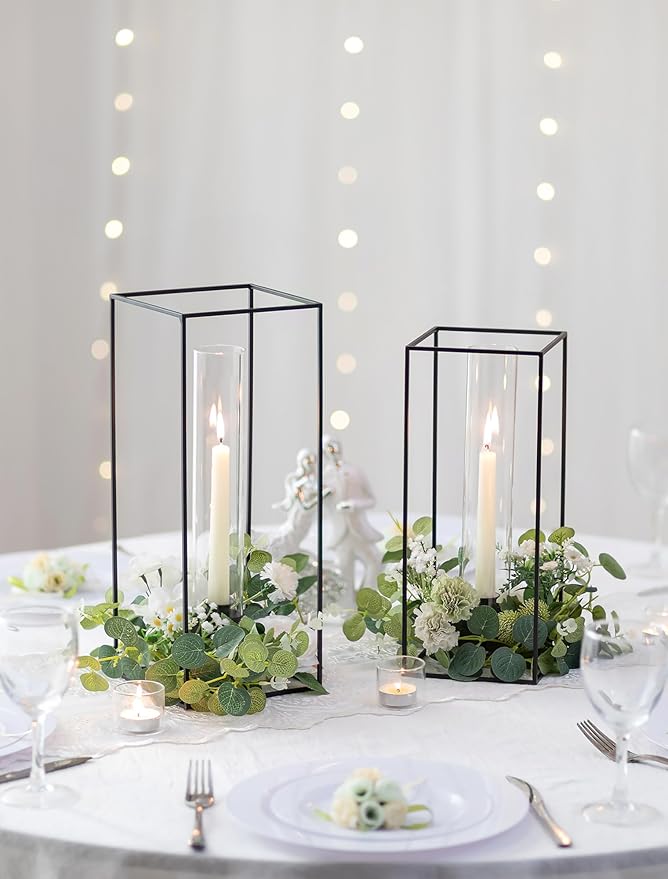 Sziqiqi Hurricane Candlestick Holders Black: Geometric Candle Holder for Taper - Glass Candle Stick Holder for Wedding Minimalist Candleholder Decor for Living Room Outdoor Set of 2