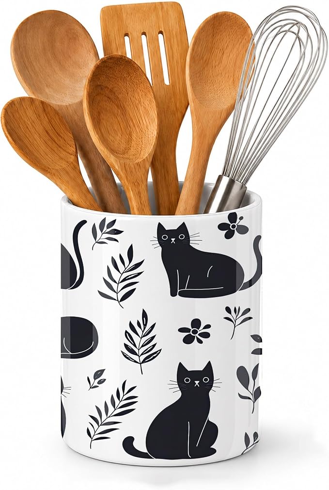 Funny Black Cat Utensil Holder for Countertop,Flowers Plants Ceramic Utensil Crock Organizer for Home Kitchen Spoons,Spatulas and Cooking Tools
