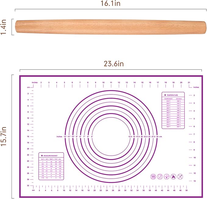 QUELLANCE 16 Inch Wood Rolling Pin for Baking, Wooden French Dough Roller with Purple Silicone Pastry Mat, Beech Wood Rolling Pins for Baking Dough, Pizza, Pie, Pastries, Pasta and Cookies