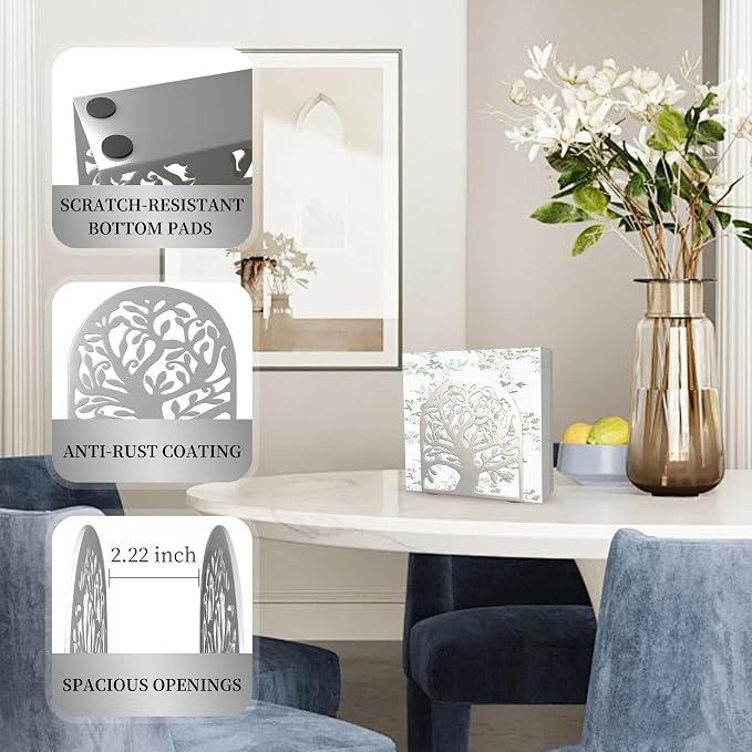 Metal Napkin Holder for Table – Decorative Tree of Life Napkin Holders for Kitchen & Dining Table, Fits Cocktail, Lunch Guest Paper Napkins, Silver Countertop Napkin Holder for Home, Restaurant & Bar