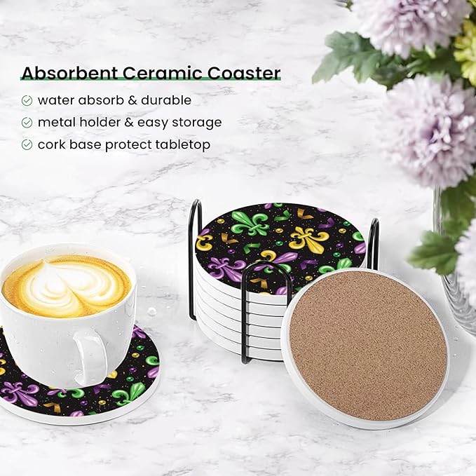 Mardi Gras Coasters for Drinks Set of 6,Round Absorbent Ceramic Stone Coaster with Metal Holder Stand, Fleur De Lis Carnival Coasters with Cork Base for Home Decor Coffee,Kitchen,Party,Gifts