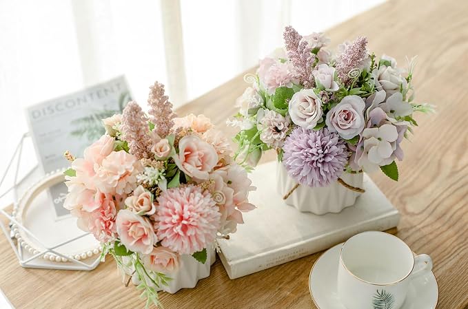 TKAS Artificial Faux Silk Fake Flowers Arrangement, Small Realistic Roses & Hydrangea in Ceramic Vase, Dining Table Centerpiece for Wedding Party Home Decoration (Pink)