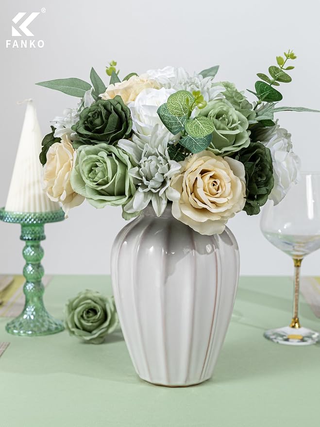 FANKO Artificial Flowers for DIY, Green White Cream Faux Flowers Bouquet, Fake Rose Silk Flowers for Vase, Home Decor, Garlands, Greenery-Themed Wedding, Party, Housewarming
