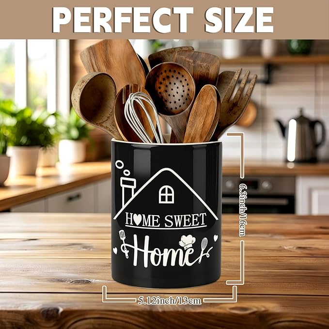 Black Kitchen Utensil Holder, Home Sweet Home Ceramic Utensil Holder , Cooking Utensil Crocks for Kitchen Countertop, Kitchen Decorations Rustic Farmhouse Decor