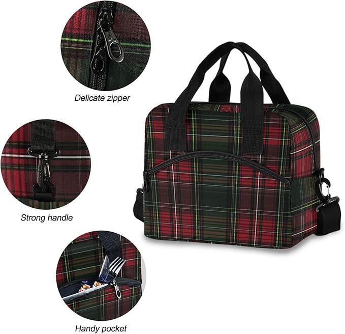 ALAZA Green and Red Tartan Plaid Insulated Lunch Bag Box Reusable Cooler Bags with Shoulder Strap for Women Men Adult Kids, 19-Can (12.5L)
