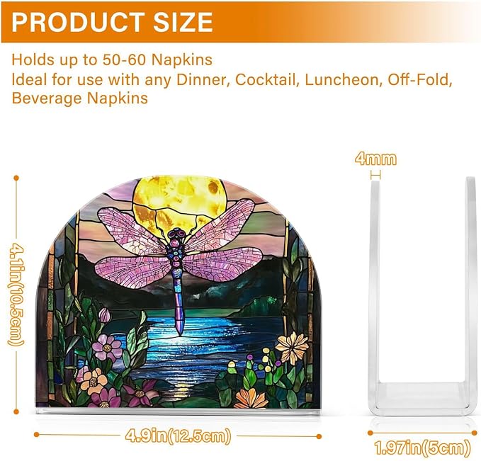 Fustylead Colorful Stained Glass Dragonfly Floral Napkin Holder for Table Acrylic Cocktail Napkin Holders Small Decorative Napkin Dispenser for Home Party Holiday Dining Kitchen Accessories