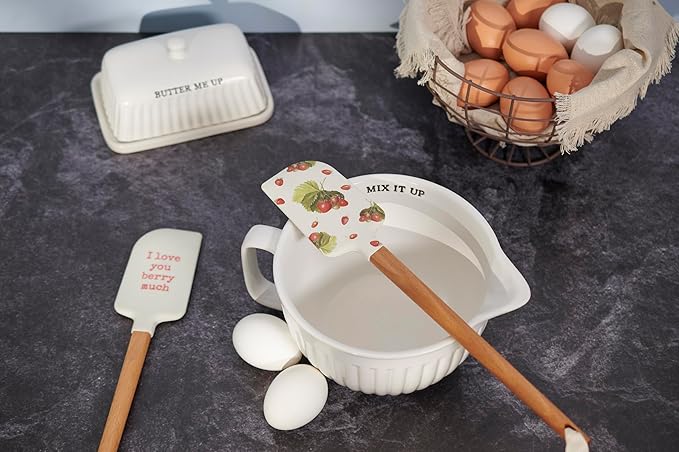 Primitives by Kathy double-sided silicone novelty cooking spatula, Berry Much/Garden Collection/vintage art of wild strawberries on front/punny sentiment on back "I Love You Berry Much."