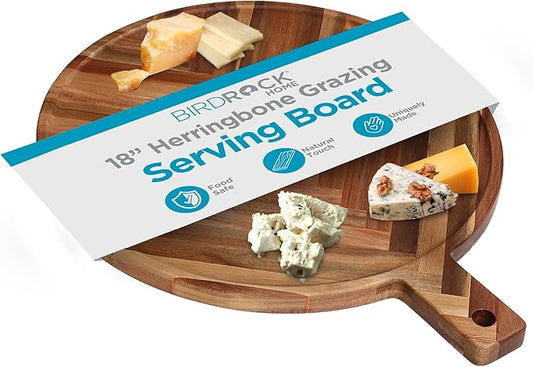 BIRDROCK HOME 18in Herringbone Wooden Serving Board | Large Serving Platters Wood Round Charcuterie Boards for Party Food Dish with Handle | Cheese & Grazing Board for Parties | Appetizer Food Boards
