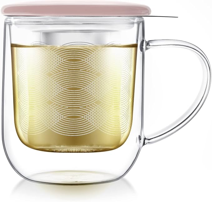 Teabloom Tea-For-One Steeping Mug – Insulated Double Wall Glass Mug (12 oz), Stainless Steel Infuser, Porcelain Lid/Coaster – Great For Brewing Loose Leaf Tea