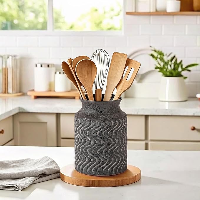 Farmhouse Ceramic Farmhouse Kitchen Utensil Holder for Countertop, Rustic Cooking Utensil Holder Crock Fit for Kitchen Counter