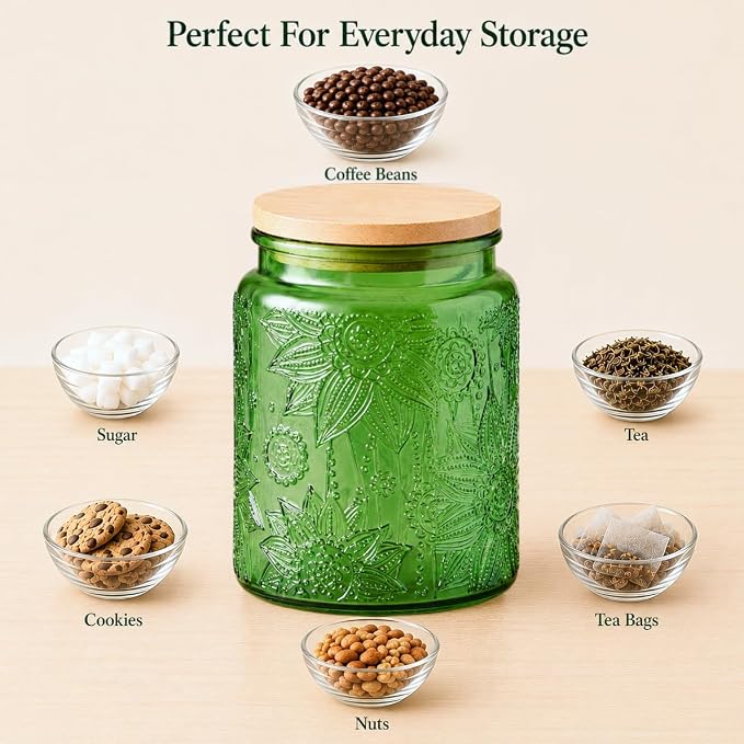ANSQU Green Glass Canister, Candy Jar with Lid, 23.7 FL OZ Vintage Colored Mason Jars for Kitchen Decorative Jar for Coffee Tea Candy Cookies, Cute Jars (Green, 1 Pack)