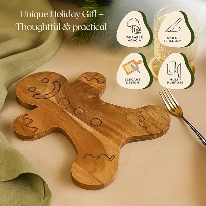 Aurah Gingerbread Shaped Acacia Wood Cutting Board for Kitchen Decorative - Wooden Charcuterie Serving Platter Snack, Fruit & Cheese - Housewarming, Wedding Gifts (13.5 x 10.5 Inch)