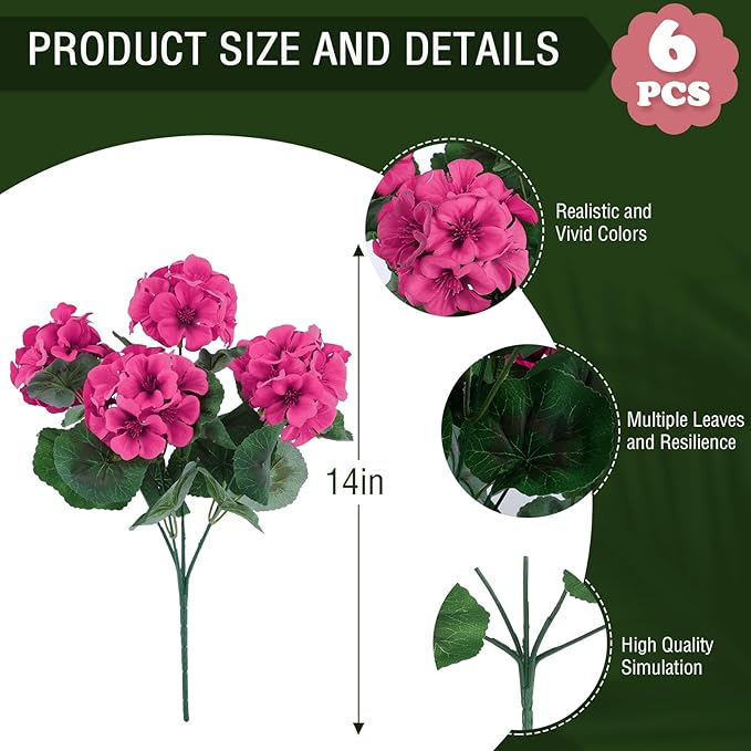 Hananona 6 Pcs Artificial Geranium Flowers for Outdoors Geraniums Silk Flowers Outdoor UV Resistant Garden Plants Faux Flowers for Home Kitchen Table Centerpieces Decor (6, Rose Red)