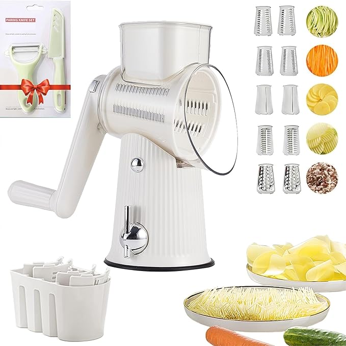 5 In 1 Rotary Cheese Grater Vegetable Slicer for Kitchen, Carrot Shredder Tool-Food Shredders with 5 Sets Interchangeable Blades And Strong Suction Base (White)