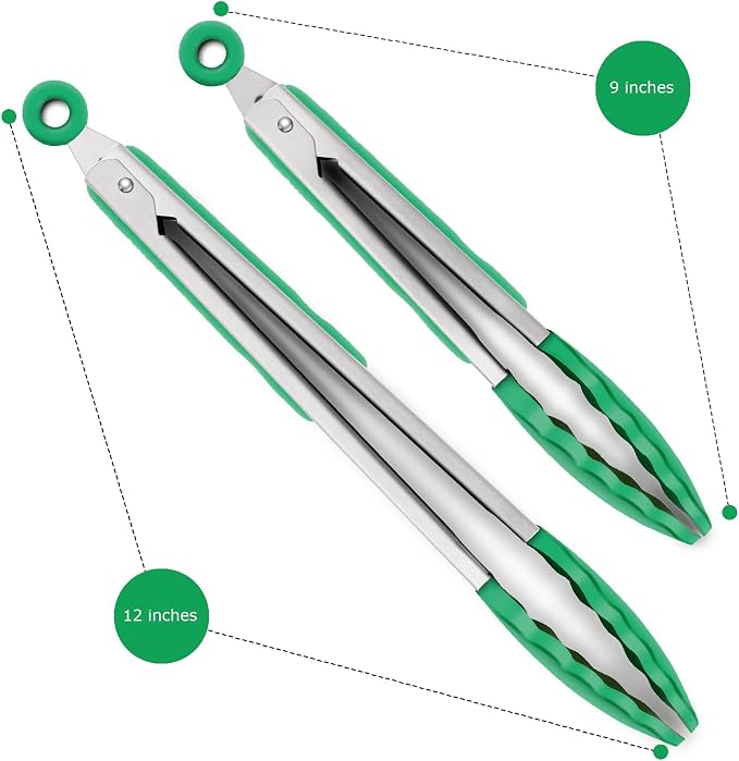2 Pack Silicone Kitchen Tongs – 9" & 12" Set, Heat Resistant up to 500°F, Non‑Stick Cookware Safe, Wavy Silicone Tips, BPA Free, Locking Clip & Hanging Loop, Turquoise