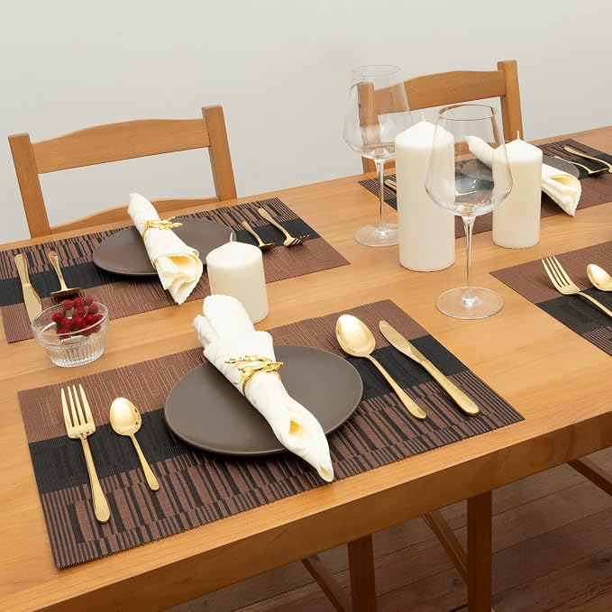 Winknowl Placemats Set of 8, Heat Resistant Non-Slip Vinyl Woven Table Mats for Dining Table, Washable Durable Elegant Place Mats for Kitchen Indoor/Outdoor Use (Coffee)