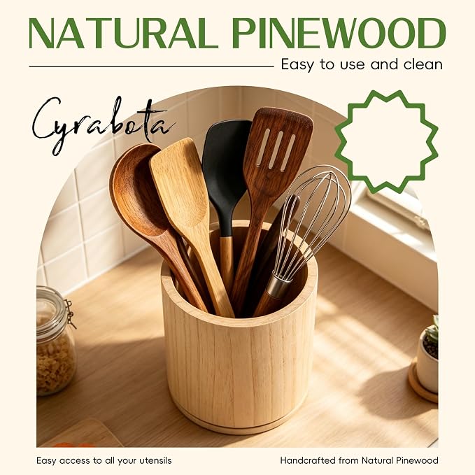 Pine Wood Utensil Holder 360°Rotating Anti-Tip Design for Kitchen Counter,Cooking Utensil Crock for Countertop , Large Utensil Organizer for Spatula (Pine wood)