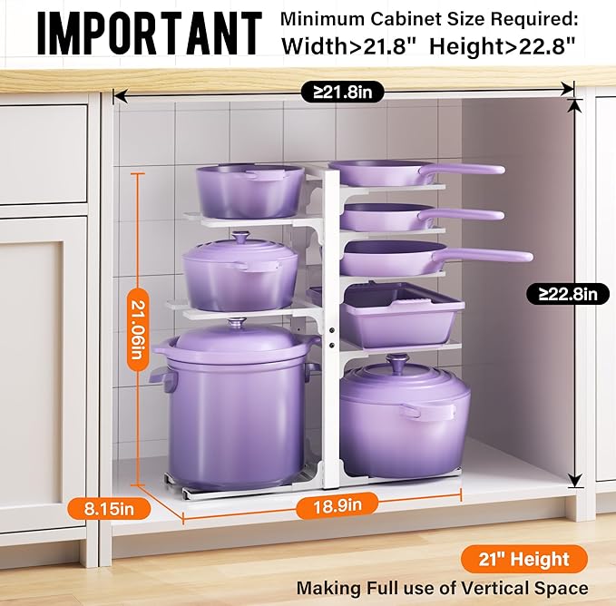 MUDEELA 8-Tier Pots and Pans Organizer under Cabinet, Heavy Duty Adjustable Pot Pan Organizers inside Cabinet, Kitchen Cabinet Organizers and Storage Pot Rack for Big Stockpots, Heavy Cookware, White